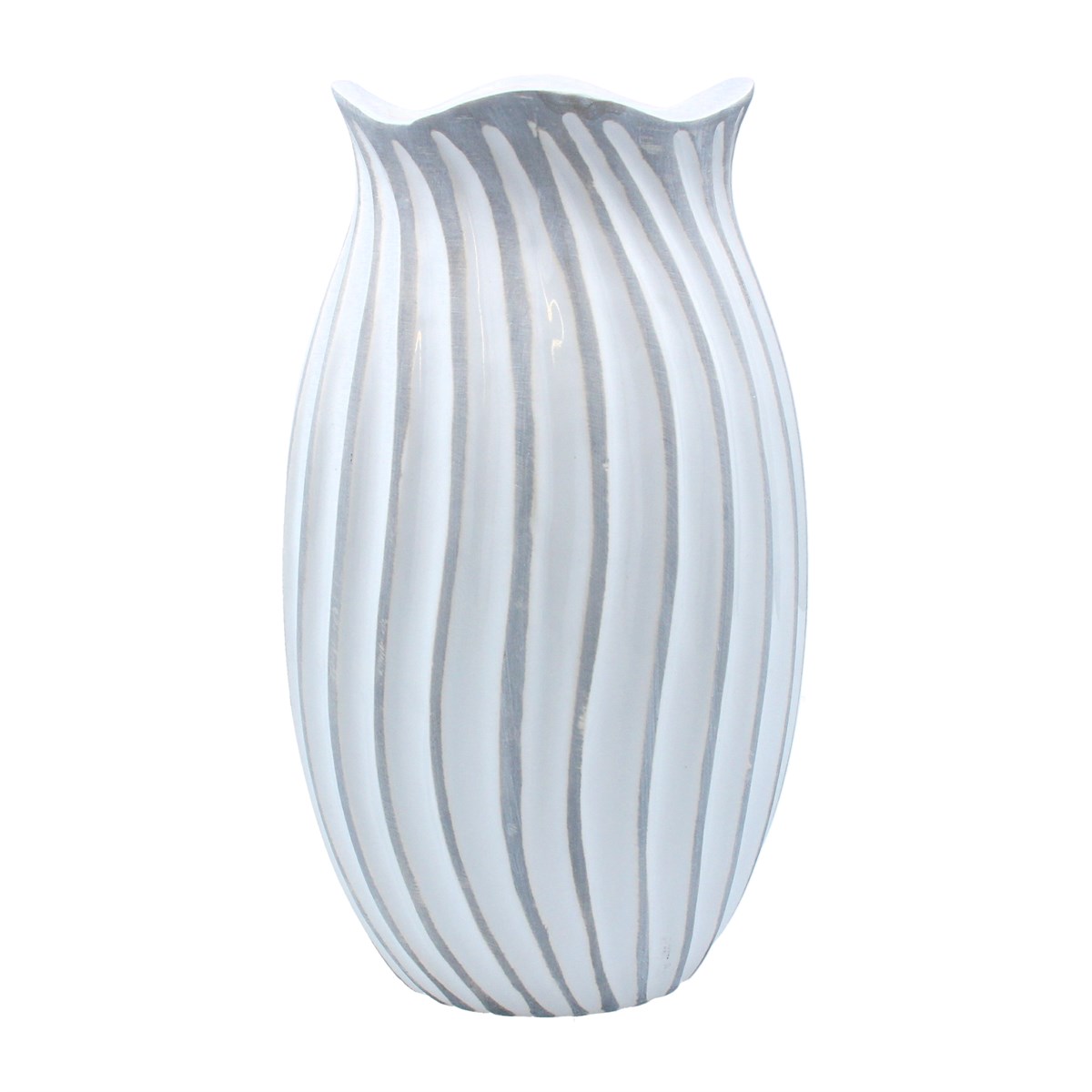 A large white and grey ceramic pot cover with all over wave design. The perfect addition to your home or the perfect gift for yourself or a loved one. By London designer Gisela Graham.